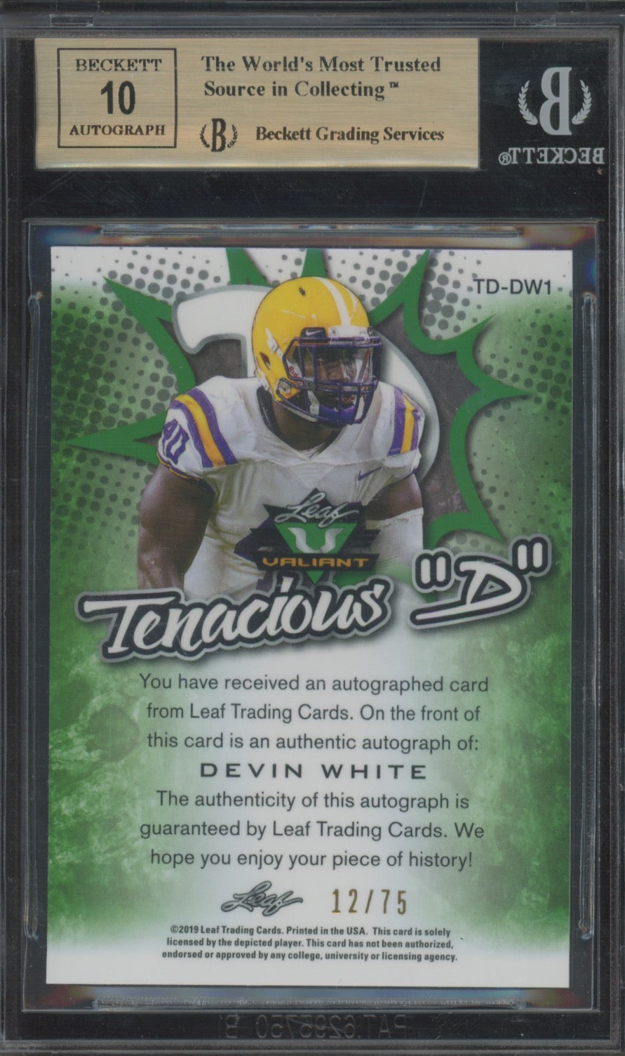 2019 Leaf Valiant Devin White #TDDW1 Tenacious D Green BGS 10 Auto 10