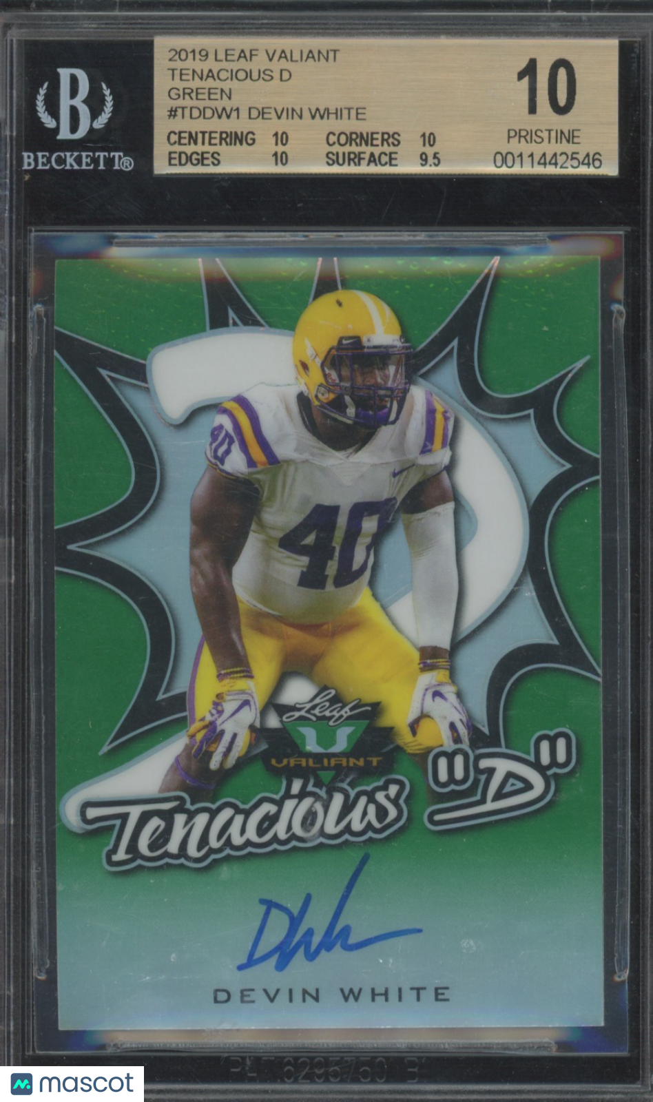 2019 Leaf Valiant Devin White #TDDW1 Tenacious D Green BGS 10 Auto 10