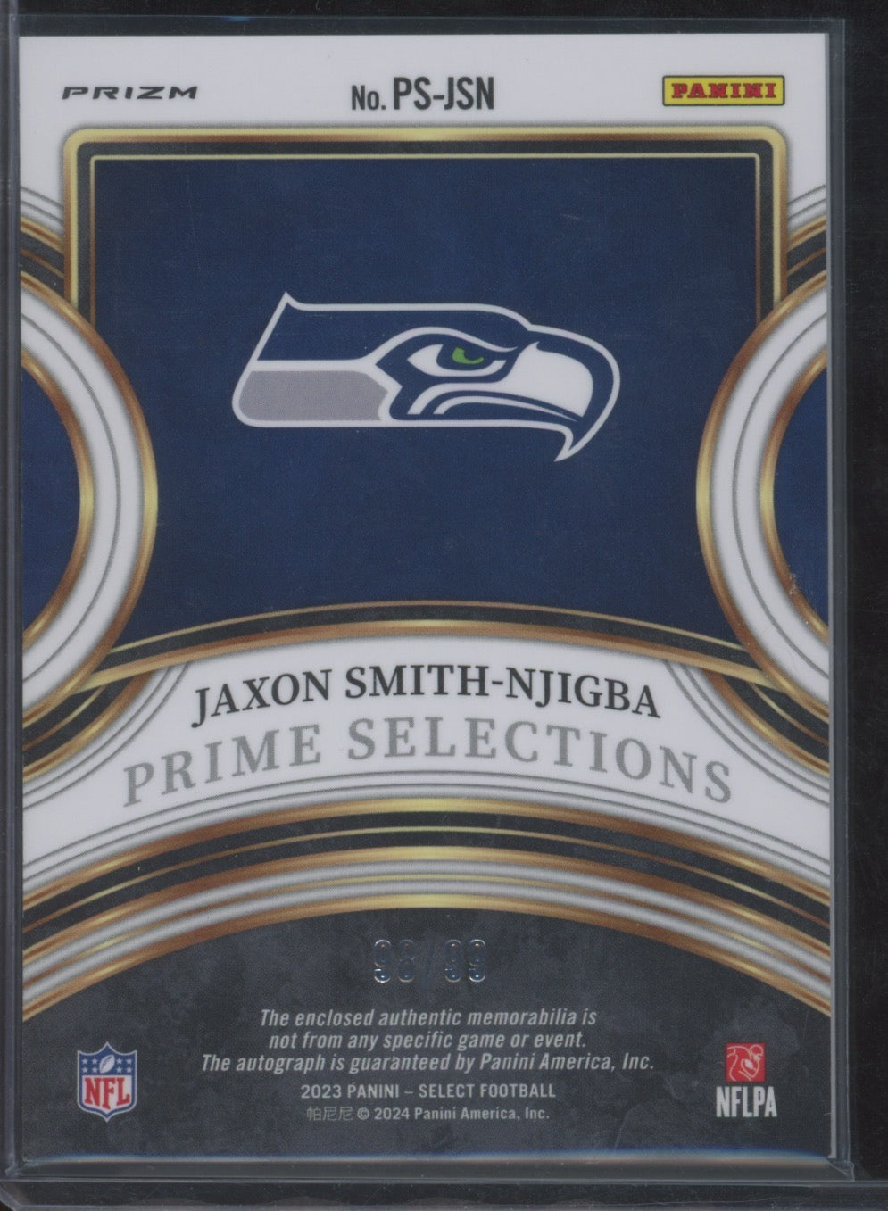 2023 Panini Select Prizm Jaxon Smith-Njigba #PS-JSN 98/99 RC Patch