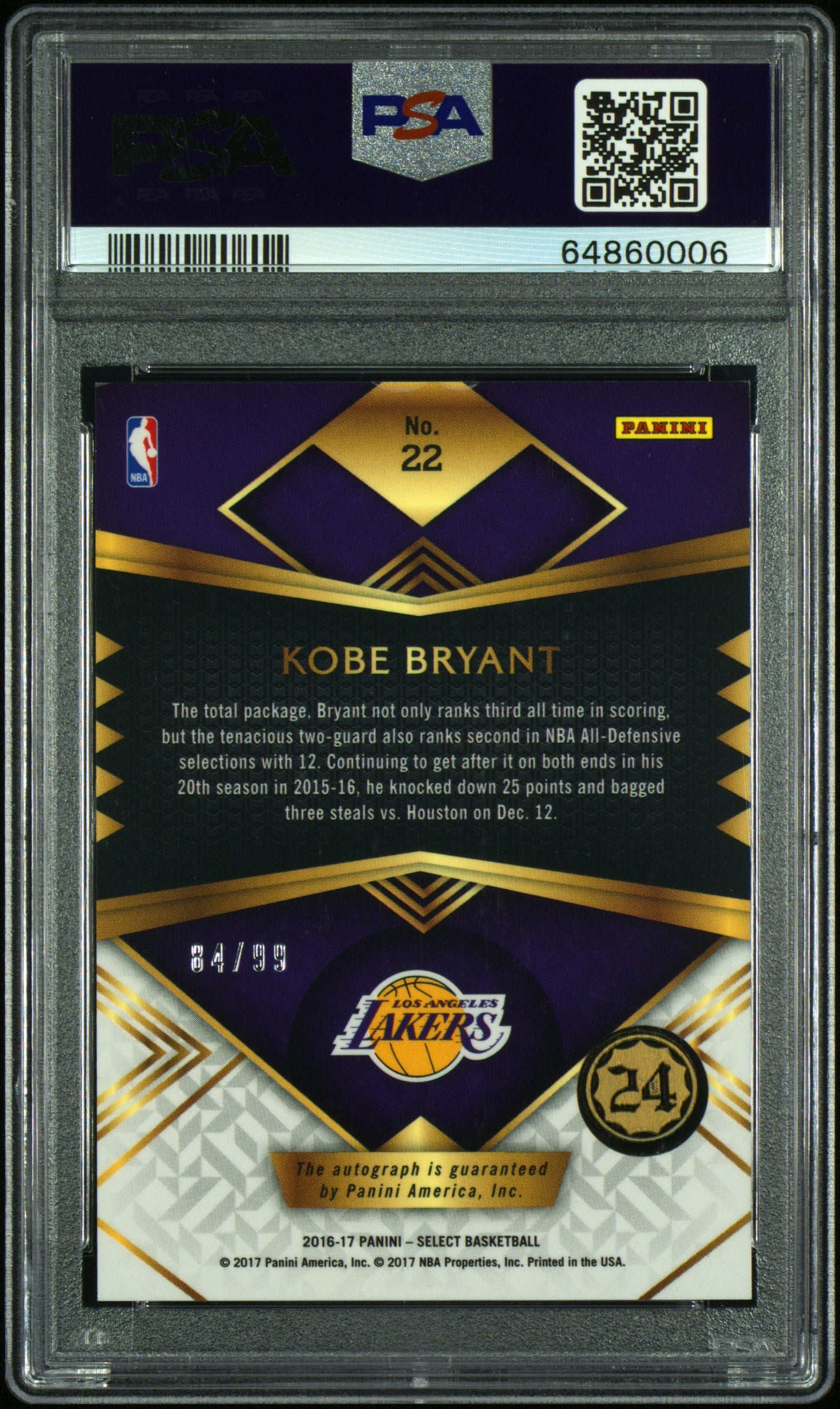 2016 Panini Select Signatures Kobe Bryant #22 PSA Auto 10