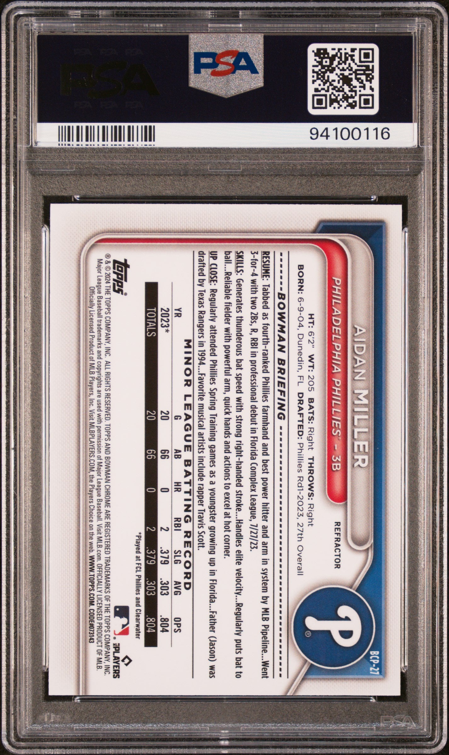 2024 Bowman Chrome Prospects Aidan Miller #BCP27 Ref PSA 10