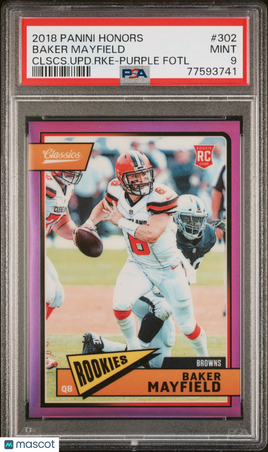 2018 Panini Honors Classics Update Rookies Baker Mayfield #302 Purple PSA 9