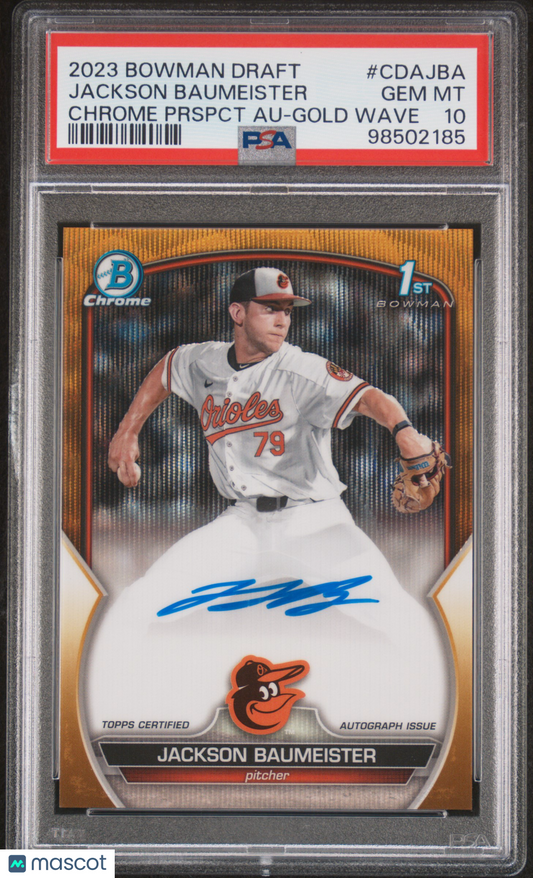 2023 Bowman Draft Chrome Prospect Autograph Jackson Baumeister Gold Wave PSA 10